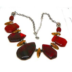 Designer VTG Chunky Red & Amber Statement Necklace w Adjustable Chain Silvertone